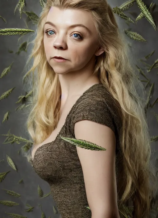 Image similar to natalie dormer wearing marijuana miniskirt with fox tail, depth of field, zeiss lens, detailed, symmetrical, centered, fashion photoshoot, by nicoletta ceccoli, mark ryden, lostfish, earl nore, hyung tae, frank frazetta, breathtaking, 8 k resolution, extremely detailed, beautiful, artistic, hyperrealistic, octane render