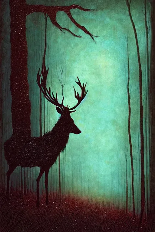 Image similar to stag, haunted woods, silhouettes, by andy kehoe