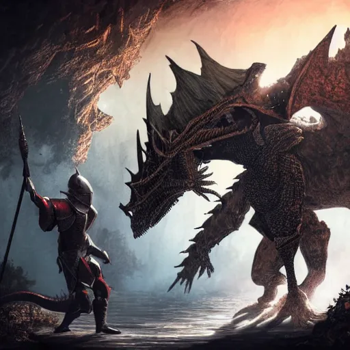 Image similar to photo of an armored knight confronting a large red scaly dragon sleeping on a mountain of human bones in a dark dusty cave with a ray of light shining on it\'s face. The knight is very small in comparison to the dragon. The cave is full with sparkling gemstones and gold. Very detailed 8k. fantasy