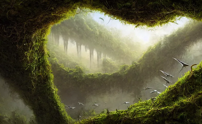 Prompt: an epic landscape view of vines and moss growing on the manhattan bridge, moss, jungle, with pterosaurs flying, close - up, low angle, wide angle, atmospheric, volumetric lighting, cinematic, very realistic, sharp, highly detailed digital art, painted by tyler edlin