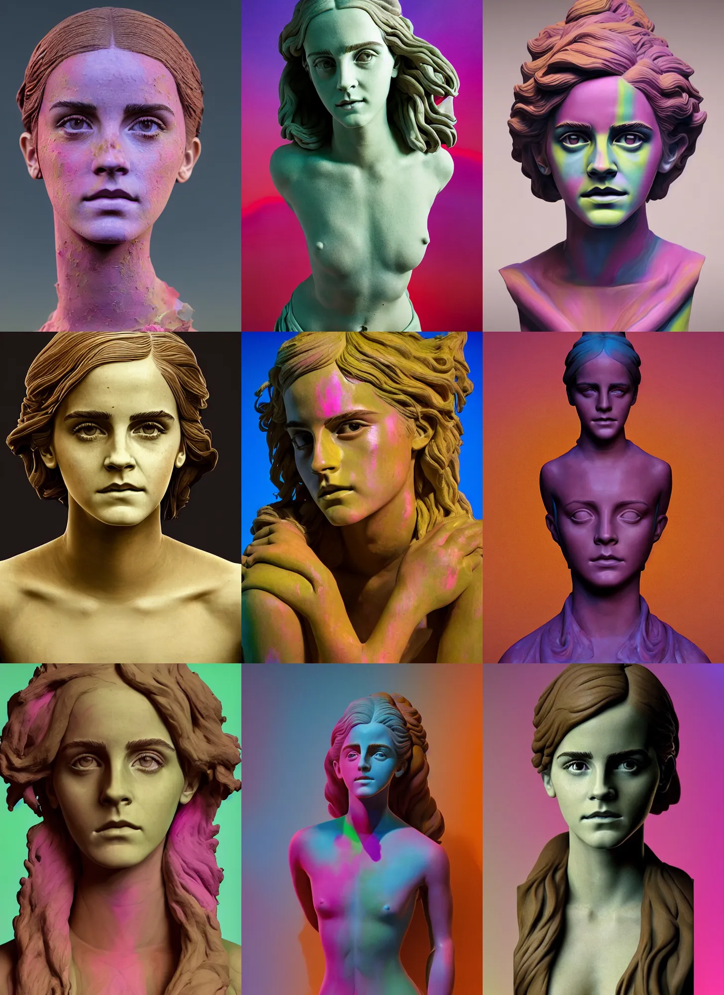 Prompt: full body clay crafting of Emma Watson by Jean-Baptiste Carpeaux and Luo Li Rong and Michael James Talbot, all body, perfect symmetrical face, colorful, psychedelic psychedelic psychedelic psychedelic acid colors, synthwave, in full growth, elegant, realistic, 8K, female full-skin figure, hyperrealism, subsurface scattering, raytracing, rim light, Octane Render, Redshift, Zbrush, complex psychedelic glitch background