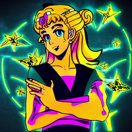 Prompt: portrait of sailor moon with arm tattoos, in the style of cyberpunk on the background of neon signs, symmetrical, single person