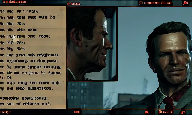 Prompt: ingame dialog!!!! talking!!!!!!!!! to dennis!!!!! bateman!!!!! in fallout 5, hd 4 k max settings raytracing ( ( ( firstperson ) ) )