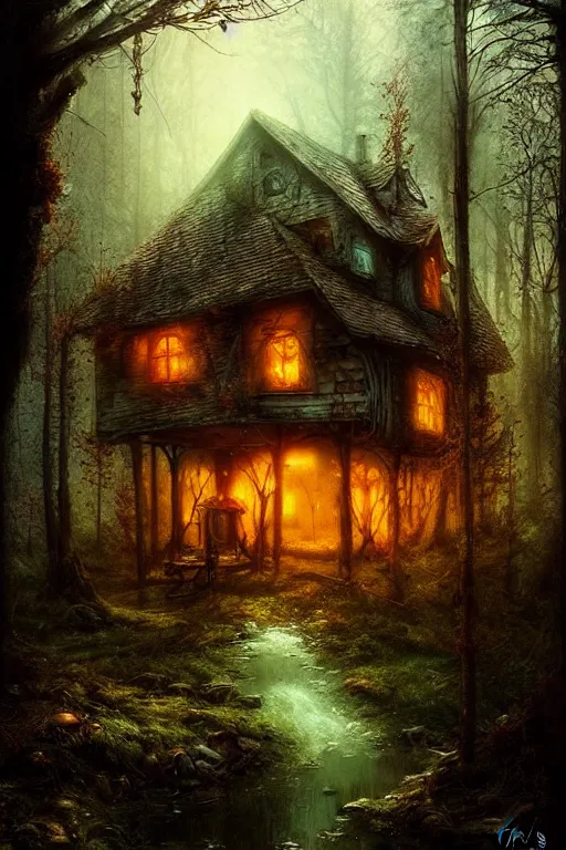 Image similar to a ramshackle cabin in the woods, magical forest, fairytale style, Fairycore, cottagecore, fantasy, by Bastien Lecouffe Deharme