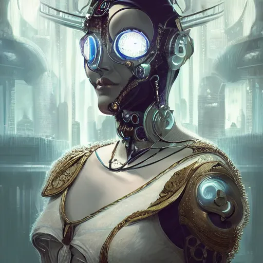 Prompt: a cyborg empress with mask, art nouveau ivory accessories, cyberpunk, darksynth, luxury, concept art by jama jurabaev, extremely detailed, ominous, ethereal, artstation, andree wallin, edvige faini, balaskas, alphonse mucha, symmetry