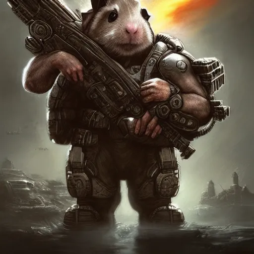 Prompt: cute little anthropomorphic Guinea Pig in Gears of War cover art, ultra wide lens shot , tiny, small, short, cute and adorable, pretty, beautiful, DnD character art portrait, matte fantasy painting, DeviantArt Artstation, by Jason Felix by Steve Argyle by Tyler Jacobson by Peter Mohrbacher, cinematic lighting