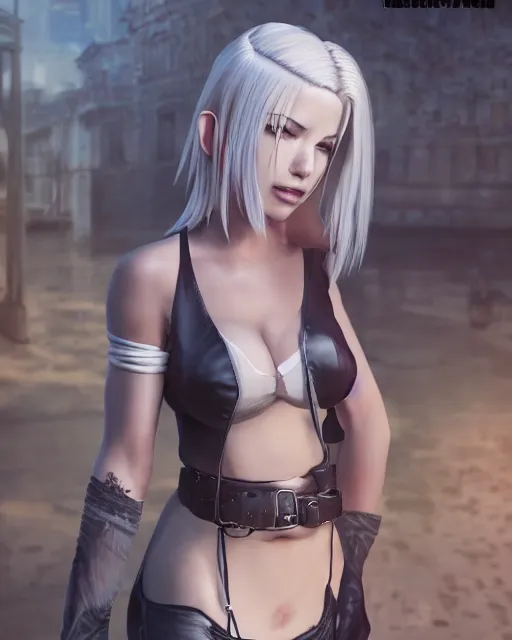 Image similar to tifa lockhart with white hair, beautiful face, very shy, elegant clothes, introverted, garden, utopian city, solarpunk, perfect, attractive, illuminated, ultra realistic, atmosphere, cinematic, artstation, highly detailed, art by dmitry prozorov