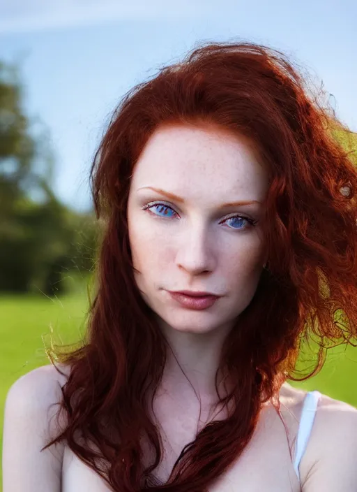 Image similar to face portrait of a thin young elegant gorgeous redhead woman with russian descent, sunbathed skin, with beautiful!, deep blue eyes. Wavy long maroon colored hair who looks directly at the camera. Slightly open mouth, face takes up half of the photo. a park visible in the background. Intricate. Very detailed 8k texture. Sharp. Cinematic post-processing. . Sharp eyes. stefan kostic. stanley lau. artgerm. Soft light. Lifelike.