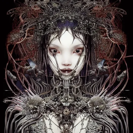 Prompt: ornate, intricate, young, beautiful, cybernetic, asian woman, wires, cords, with beautiful super detailed face, with morbid headdress, ravens, bones, skulls, fractal patterns, ethereal, flowers covering eyes, flowing hair, cinematic by Tsutomu Nihei by Emil Melmoth, Gustave Dore, Craig Mullins, yoji shinkawa, skulls, artstation, pete morbacher, hyper detailed, high detail, artstation, rendering by octane, unreal engine, cinematic, ghost, clouds, colors, paint strokes, butterflies, gold, crown