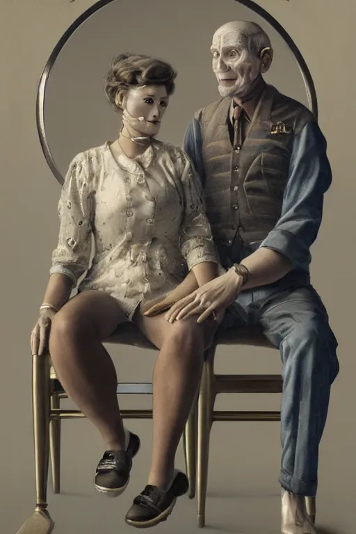 Prompt: a beautiful ultradetailed fine art old vintage couples portrait photo of cyborgs sitting on a chair and standing, by tom bagshaw and zach sutton, couples portrait, vignette, 35mm lens, golden ratio composition, studio photography, very detailed, humanoids, artstation, 8k, highly coherent