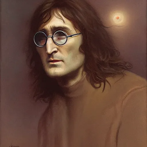 Prompt: john lennon in the mist by Gerald Brom, masterpiece portrait