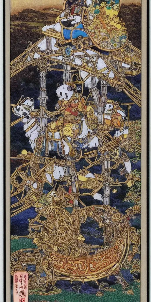 Image similar to a chariot drawn by pandas in japan, 1990s anime, full color, tarot card the chariot, highly detailed, intricate design,