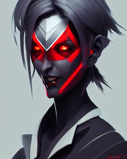 Prompt: sharp hq rendering, dark vampire, character portrait, concept art, painterly, fanart, highly detailed in the style of overwatch by ilya kuvshinov, wenjun lin, angular geometric symmetrical design