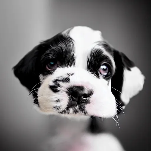 Prompt: a vet clinic with many animals inside, black and white english cocker spaniel puppy, black and white chiweenie puppy, photograph