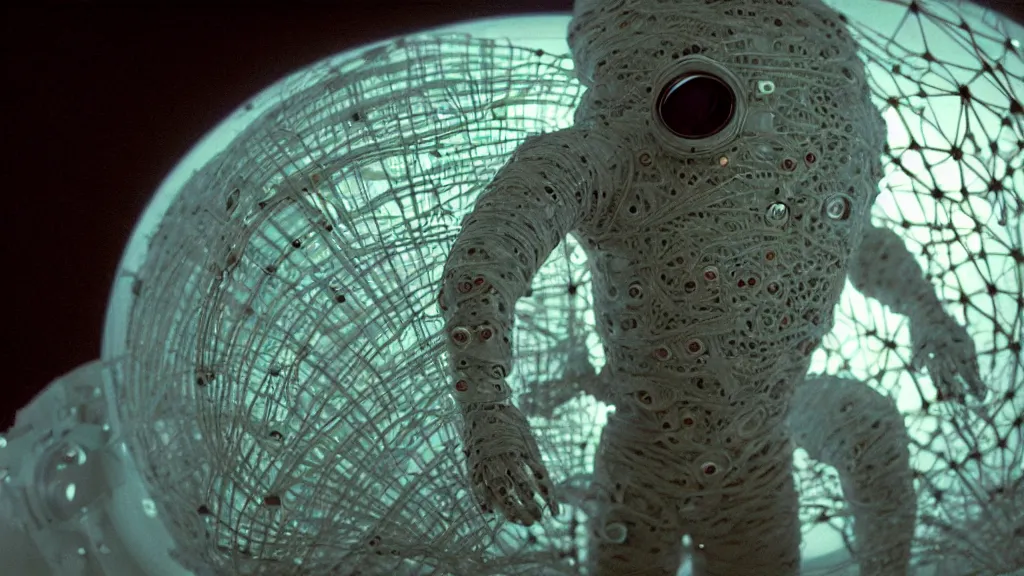 Image similar to a cybernetic symbiosis of a single astronaut eva suit made of pearlescent wearing knitted yarn thread infected with diamond 3d fractal lace iridescent bubble 3d skin covered with stalks of insectoid compound eye camera lenses floats through the living room, film still from the movie directed by Denis Villeneuve with art direction by Salvador Dalí, wide lens,