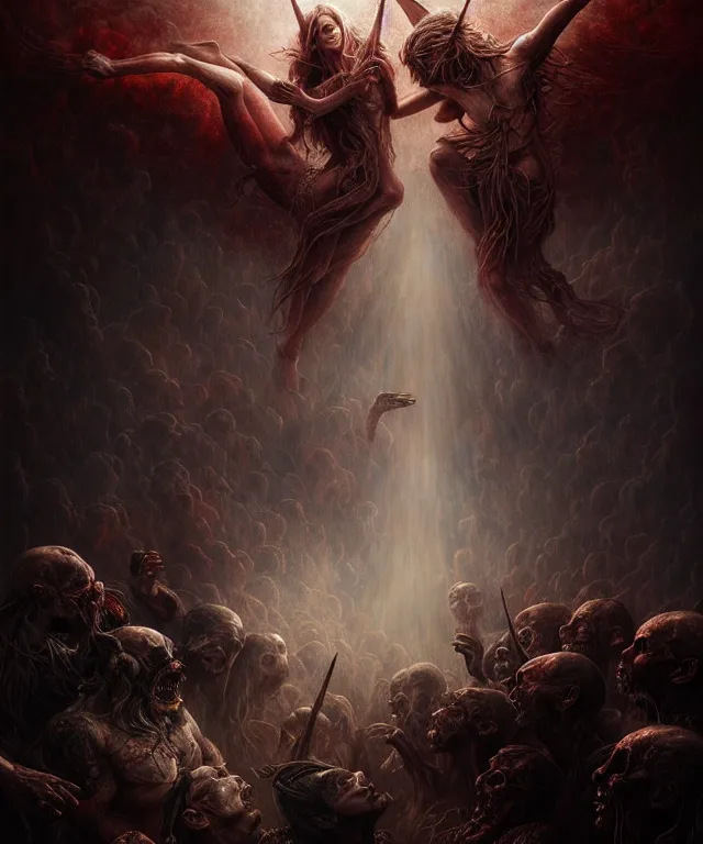 Image similar to epic professional digital art the war between heaven and hell, horrific yet beautiful vibe, evocative, atmospheric lighting, painted, intricate, highly detailed, by leesha hannigan, wayne haag, reyna rochin, ignacio fernandez rios, mark ryden, iris van herpen, artstation, cgsociety, stunning, gorgeous, sharp focus, cinematic, masterpiece