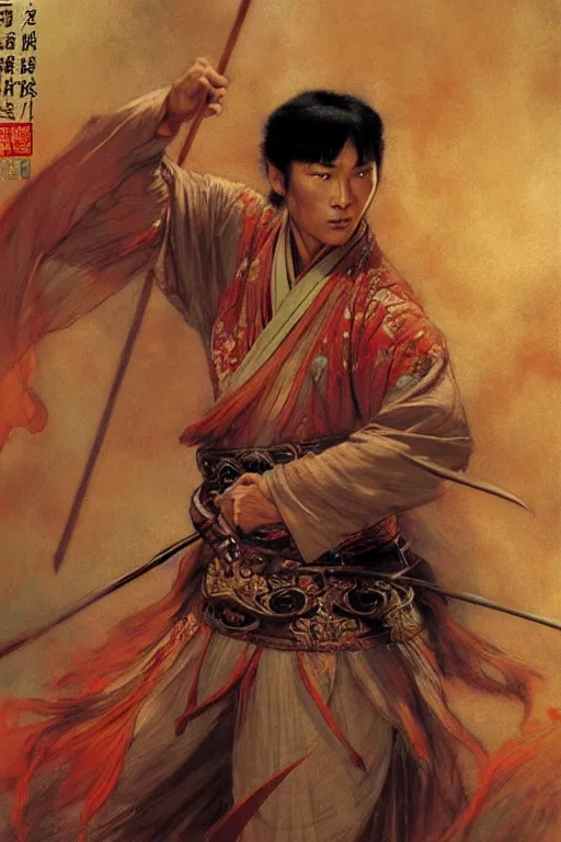 Image similar to wuxia, male, character design, ancient china, colorful, painting by gaston bussiere, craig mullins, j. c. leyendecker, tom of finland