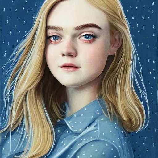 Image similar to professional painting of Elle Fanning in the style of Karl Gerstner, head and shoulders portrait, symmetrical facial features, smooth, sharp focus, illustration, intricate, stormy weather, extremely detailed masterpiece,