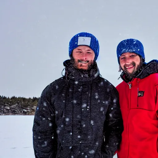 Image similar to two men standing in a snow-covered field, one of them wearing a blue beanie and the other wearing a red beanie, both wearing windbreakers