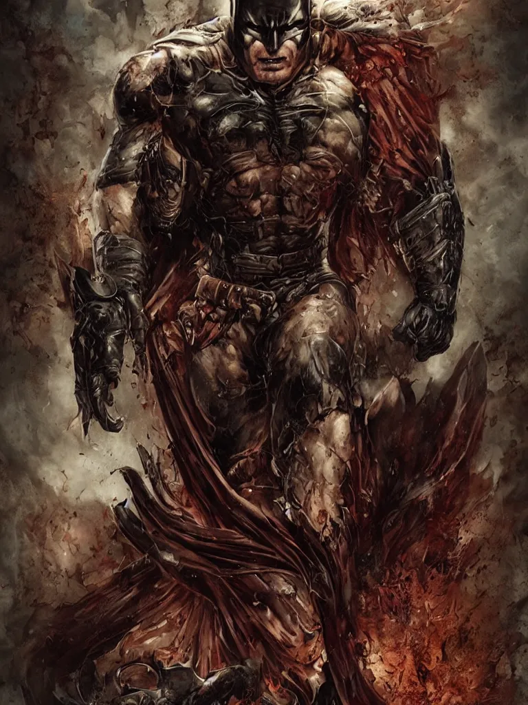 Prompt: ancient damned muscular slim batman, dark and gritty, fantasy artwork, warm colors, by seb mckinnon and lee bermejo