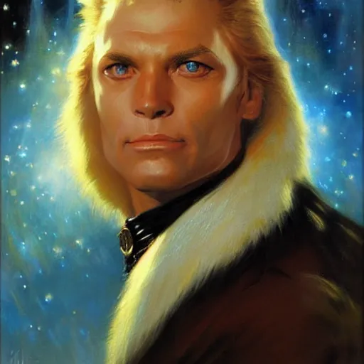 Prompt: a portrait of a manly dr crusher white cat feline, blue eyes, star trek the next generation. highly detailed painting by gaston bussiere, craig mullins, j. c. leyendecker, furry