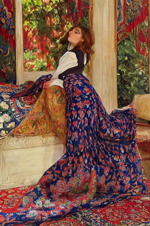 Prompt: gorgeous iranian girl with detailedly skirt lay down on a detailed persian carpet, tree palms in background, painting by john singer sargent