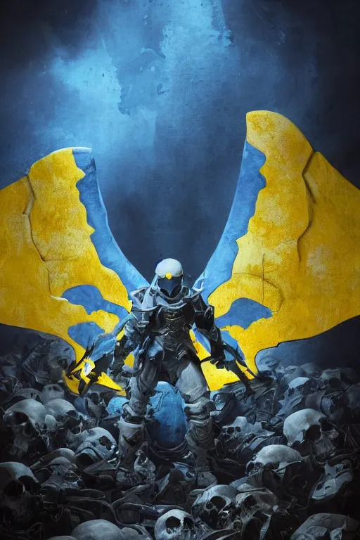 Prompt: A ghost soldier with wings with a blue and yellow flag behind him is standing on a pile of skulls in triumph, concept art, сinematic lighting, insanely detailed, smooth, sharp focus, trending on Artstation, 8k, unreal engine, hyper realistic, steampunk style, bright background, moonlight, volumetric lighting, wallpaper, digital illustration by Ruan Jia and Mandy Jurgens and Artgerm and Wayne Barlowe and Greg Rutkowski and Zdislav Beksinski