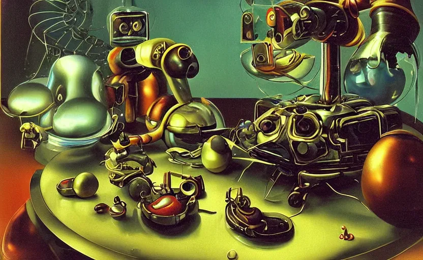 Image similar to strange seductive futuristic robot body, enticing colorful oil masterful painting dutch golden age vanitas still life splendid composition with bulbous luscious objects strange gooey transparent surfaces shiny metal reflections bizarre mutant meat insects rachel ruysch dali todd schorr very detailed perfect composition rule of thirds masterpiece canon 5 0 mm, cinematic lighting, photography, retro, film, kodachrome