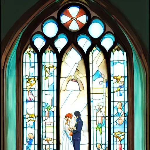 Image similar to a detailed beautiful picture of the window of the church, a bride and a groom, sky, flower, by makoto shinkai, - w 7 6 8