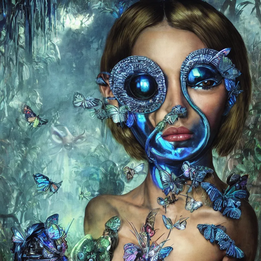 Prompt: a close - up neoclassicist portrait of a bug - eyed alien girl with blue skin wearing an iridescent venetian carnival butterfly mask surrounded by silver mushrooms in a jungle. reflective textures. glowing fog in the background. highly detailed fantasy science fiction painting by norman rockwell, frank frazetta, and syd mead. rich colors, high contrast, gloomy atmosphere, dark background. artstation