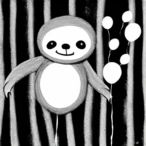 Image similar to book illustration of a sloth holding balloons, book illustration, monochromatic, white background, black and white image