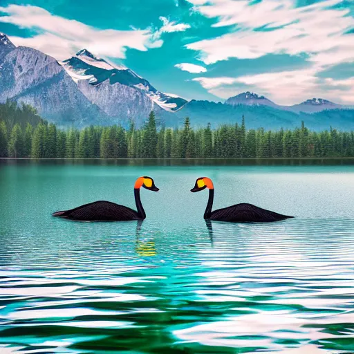 Image similar to photo of two black swans swimming in a beautiful reflective mountain lake, touching heads, forming a heart with their necks, a colorful hot air balloon is flying above the swans, hot air balloon, intricate, 8k highly professionally detailed, HDR, CGsociety