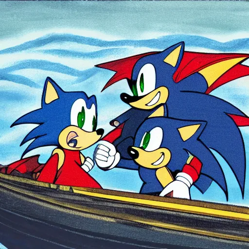Prompt: Sonic the Hedgehog and Shadow the Hedgehog in a gondola in Venice, moonlit sky, romantic, award winning