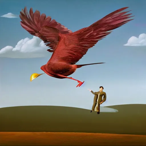 Prompt: a picture of a man as a bird in flight, a surrealist painting by storm thorgerson, shutterstock contest winner, massurrealism, surrealist, whimsical