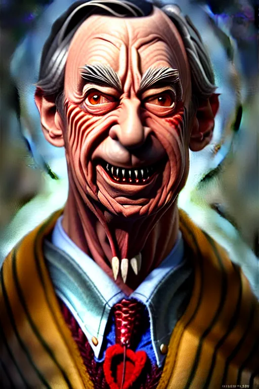 Image similar to hyper realistic portrait painting of evil mr. rogers as freddy krueger, painted by greg rutkowski, wlop, artgerm akoto shinkai trending on artstation