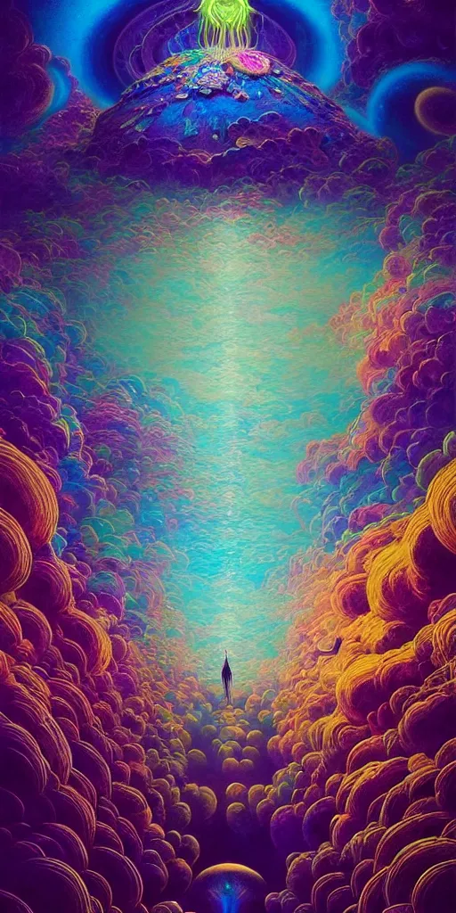 Image similar to An extremely psychedelic abstract illustration of gateway into celestial dreams, colorful, surreal, dramatic lighting, magic mushrooms, psilocybin, LSD, detailed, intricate, elegant, highly detailed, digital painting, artstation, concept art, smooth, sharp focus, illustration, art by Krenz Cushart, greg rutkowski and zdzislaw beksinski and alphonse mucha, unreal engine 5 render, 8k