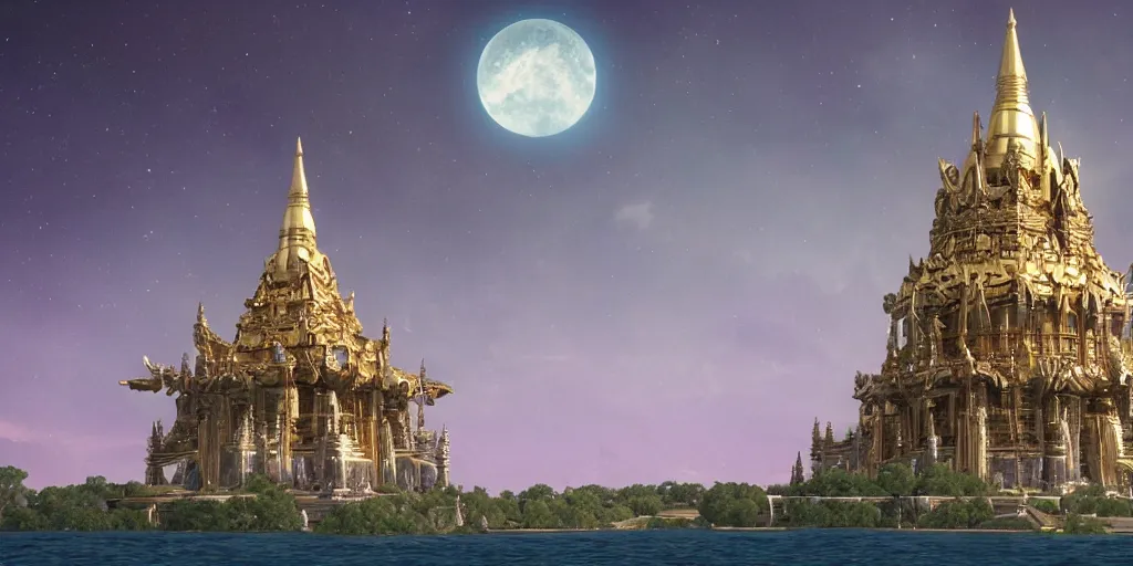 Image similar to a big gold and silver alien temple, with two spires, 6 floors tall, a lake surrounding it, clear lavender sky, three moons and rings in the horizon, lush vegetation, flowers, 8 k, cinematic, artstation, tom badshaw