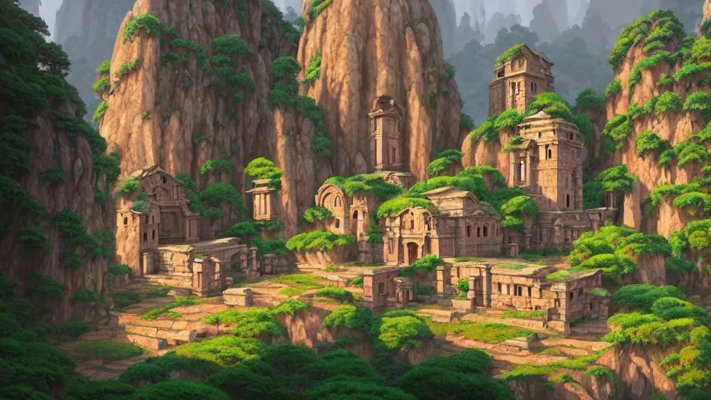 Image similar to ancient monastery ruins, studio ghibli, pixar and disney animation, sharp, rendered in unreal engine 5, highly detailed, digital painting, artstation, concept art, smooth, sharp focus, illustration, wide angle, artbook, wallpaper, splash art, promo art, dramatic lighting, art by artgerm and greg rutkowski and bo chen and jin xiaodi