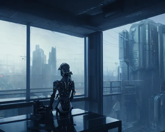 Image similar to portrait of an armored female with biomechanical cybernetic body who is drinking coffee near a window looking outside with dystopian city visible outside. very detailed 8 k. cyberpunk fantasy style. unreal engine render. global illumination. nanite. rtx. path tracing.