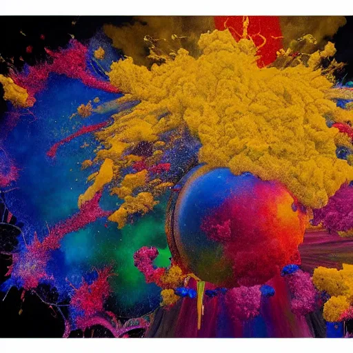 Image similar to color powder explosion on top of baroque renaissance painting, particles, fine detail, damien hirst and jackson pollock and james jean, golden ratio, fractal, sharp focus, artstation