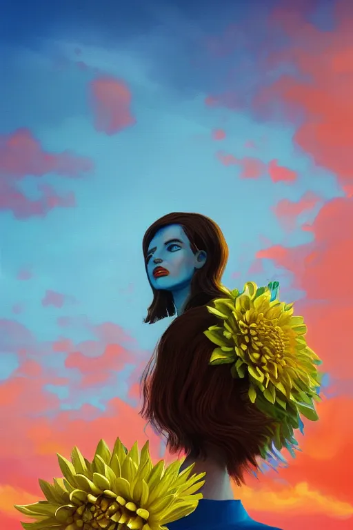 Image similar to closeup giant dahlia flower head, girl in a suit on a street, surreal photography, blue sky, sunrise, dramatic light, impressionist painting, digital painting, artstation, simon stalenhag