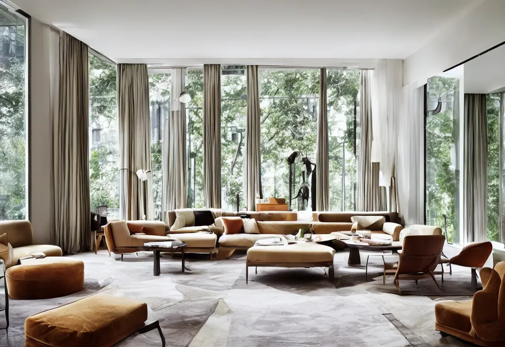 Image similar to a living room, modern interior design, residential design, floor - to - ceiling windows, by india mahdavi, trending ，