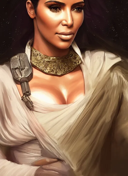 Image similar to A film still of kim kardashian as princess leigha in star wars, highly detailed, digital painting, artstation, concept art, sharp focus, illustration, cinematic lighting, art by artgerm and greg rutkowski and alphonse mucha diffuse lighting, fantasy, intricate, elegant, highly detailed, lifelike, photorealistic, digital painting, artstation, illustration, concept art, smooth, sharp focus, art by John Collier and Albert Aublet and Krenz Cushart and Artem Demura and Alphonse Mucha