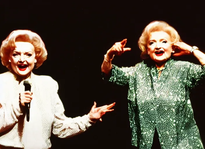 Image similar to publicity photo still of betty white as a gangsta rapper live on stage, 8 k, live concert lighting, mid shot