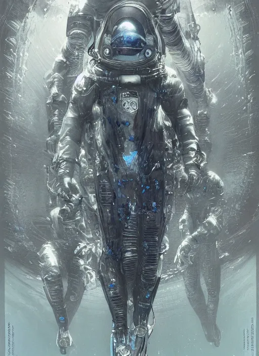 Image similar to astronauts in dark void underwater - complex and hyperdetailed technical suit. reflection and dispersion materials. rays and dispersion of light. volumetric light. f / 3 2. noise film photo. flash photography. ultra realistic, wide angle. poster by wayne barlowe, hajime sorayama aaron horkey, craig mullins