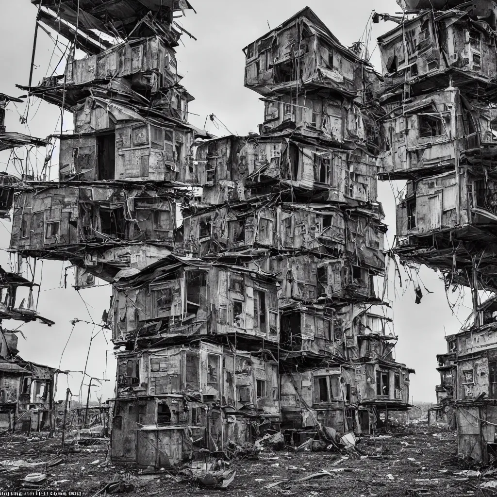 Prompt: a tower made up of makeshift squatter shacks, dystopia, sony a 7 r 3, f 1 1, fully frontal view, photographed by richard avedon, ultra detailed,