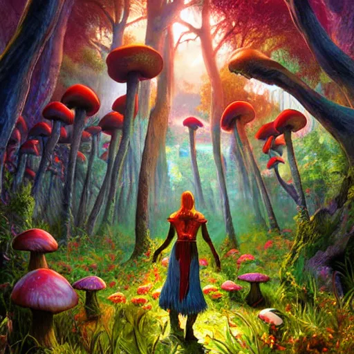 Image similar to bright, colorful, realistic, detailed from Elder Scrolls: shivering isles concept mania mushroom forest realm of madnessa portrait backlighting, kodachrome, high contrast, highly detailed, sharp focus, digital painting, concept art, illustration, trending on artstation, comic book by Alex Ross and Adam Adamowicz cover art