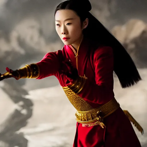 Image similar to live action cinematic shot of elizabeth yu is princess azula, 4 k, 3 5 mm