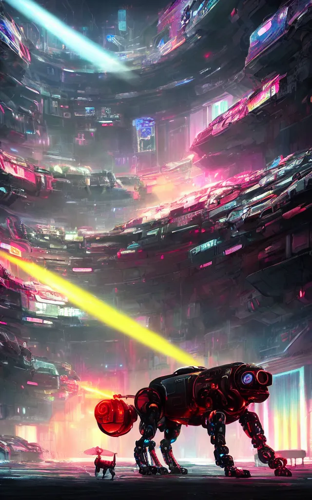 Image similar to a robot dog in a futuristic arena, digital art, epic composition, fantasy cyberpunk, explosion of color, highly detailed, artstation