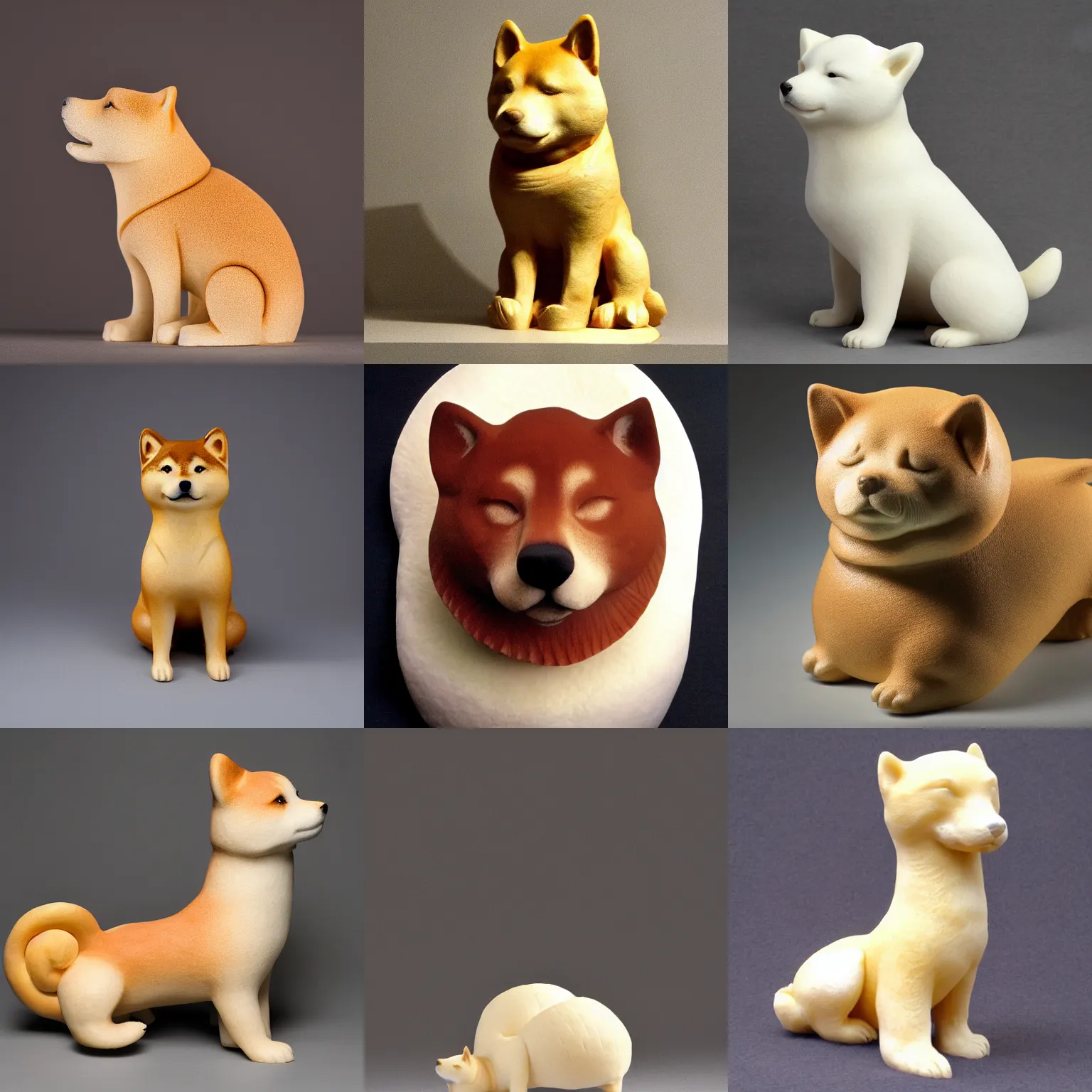 Prompt: A very beautiful intricately shaped organic sculpture carved from steamed buns depicting a shiba inu. Studio lighting, High resolution, high quality, dark background